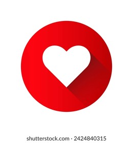 Icono de corazón simple en círculo rojo con estilo plano de sombra aislado sobre fondo blanco.