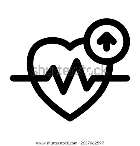 A simple heart icon with rising pulse and upward arrow signifies health improvement or progress, ideal for medical or wellness designs.