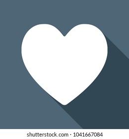 Simple heart icon. White flat icon with long shadow on background
