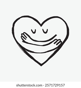 Simple heart illustration with hugging arms. Heart and arms create a warm, loving embrace. Minimalist design emphasizes love and warmth. Simple black line art doodle vector.