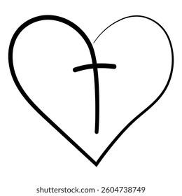 Simple heart outline with cross representing love, faith, Christianity, devotion