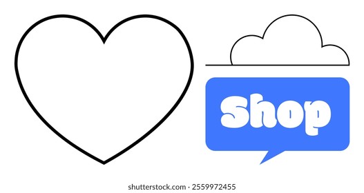 A simple heart outline is next to a blue speech bubble containing the word Shop topped with a cloud shape. Ideal for online shopping, retail, e-commerce, customer service and marketing. Minimalist