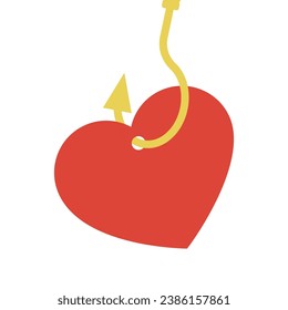 Forma de corazón simple enganchada con anzuelo de pesca. Ilustración de concepto del corazón atrapado por vectores aislados. Agarrando la señal de amor. Resumen del corazón rojo colgado en un anzuelo de pescado.