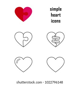 Simple heart shape icons. Heart with light reflection, puzzle piece and broken parts.