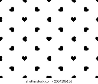 Simple heart shape seamless pattern in diagonal arrangement. Love and romantic theme background. Black and white vector wallpaper