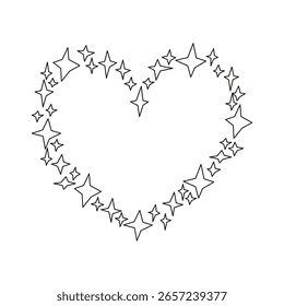 Einfaches herzförmiges Gestell mit vier spitzen Konturen und Doodle-Sternen einzeln auf weißem Hintergrund.