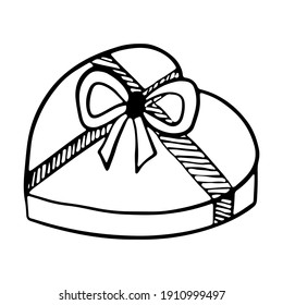 Einfache, herzförmige Geschenkbox mit Band und Bogen. Doodle-Umriss-Stil. Vektorgrafik einzeln