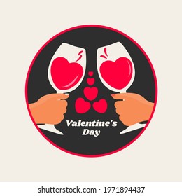 simple heart shaped and typography text concept creative greeting card print. couple in love. two hands clinking holding red wine glass for valentines day. cheers cartoon flat design vector isolated