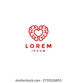 Simple Heart Symbol Form Brain Lines Logo Design. Brain Shape Represents Heart Symbol within it Logo Design.