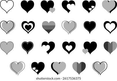 Simple heart symbol set black and white