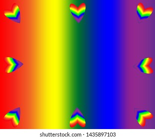 Simple heart vector background boarding the edges on a rainbow gradient mesh background.  The rainbow hearts symbolizes lgbt love and freedom to love who they want. Gay pride. 