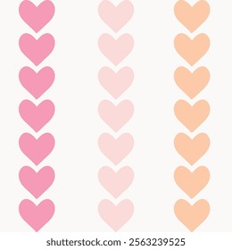 Simple hearts arranged vertically in stripe pattern in a subtle color palette of pink, blush pink and yellow on off white background. Valentine seamless vector pattern. Great for home decor, fabric.