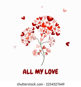 Simple hearts flower  with all my love sign.  Vector elements on white background. For card, poster or textile print