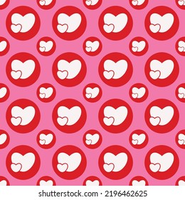 Simple hearts loves seamless pattern. Valentines day background. Flat design endless chaotic texture made of tiny heart silhouettes. Shades of red. Read hearts at pink background