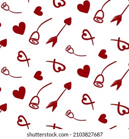 Simple hearts, roses and arrows vector pattern on the white background. Red hearts, arrow, roses wallpaper. Romantic Valentines day pattern. Love romantic design.