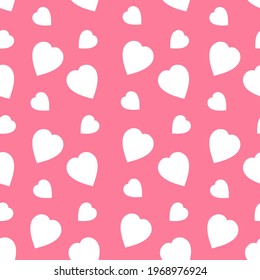 Simple hearts seamless pattern. Valentines day background. Flat design endless chaotic texture made of tiny heart silhouettes. Cute hearts at pink background
