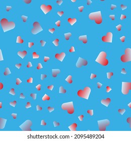 Simple hearts seamless pattern. Valentines day background. Flat design endless chaotic texture made of tiny heart silhouettes. Shades of red. Read gradient hearts at blue background