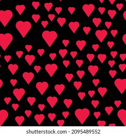 Simple hearts seamless pattern. Valentines day background. Flat design endless chaotic texture made of tiny heart silhouettes. Shades of red. Read hearts at black background - Shutterstock ID 2095489552