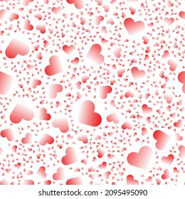 Simple hearts seamless pattern. Valentines day background. Flat design endless chaotic texture made of tiny heart silhouettes. Shades of red. Red hearts at white background