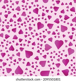 Simple hearts seamless pattern. Valentines day background. Flat design endless chaotic texture made of tiny heart silhouettes. Shades of pink. Pink hearts.