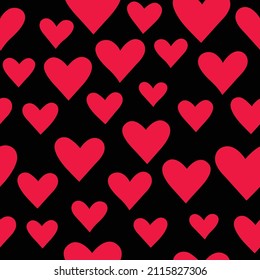 Sencillo patrón sin fisuras de corazones. Antecedentes del día de San Valentín. Diseño plano e interminable textura caótica hecha de pequeñas siluetas de corazón. Tonos rojos. Signos de amor en fondo negro