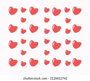 Simple hearts seamless pattern. Valentines day background. Flat design endless chaotic texture made of tiny heart silhouettes. Shades of red. Read hearts at pink background 