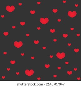 Simple hearts seamless pattern. Valentines day background. Flat design endless chaotic texture made of tiny heart silhouettes. Shades of red. Red hearts at black background