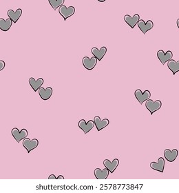 Simple hearts seamless pattern. Valentines day background. Flat design endless chaotic texture made of tiny heart silhouettes. Shades of black.