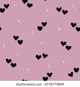 Simple hearts seamless pattern. Valentines day background. Flat design endless chaotic texture made of tiny heart silhouettes. Shades of black.