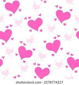 Simple hearts seamless pattern. Valentines day background. Flat design endless chaotic texture made of tiny heart silhouettes. Shades of pink.