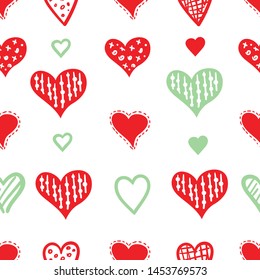 Simple hearts seamless vector pattern. Valentines day background. Flat design endless chaotic texture made of tiny heart silhouettes. Shades of red.