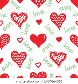 Simple hearts seamless vector pattern. Valentines day background. Flat design endless chaotic texture made of tiny heart silhouettes. Shades of red.
