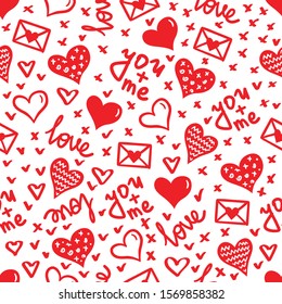 Simple Hearts Seamless Vector Pattern. Valentines Day Background. Flat Design Endless Chaotic Texture Made Of Tiny Heart Silhouettes.