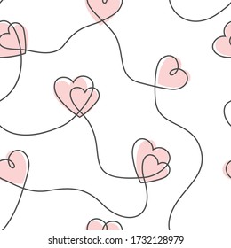 Simple hearts seamless vector pattern. Continuous line drawing of hearts on white background. Valentines day background. Vector illustration. 