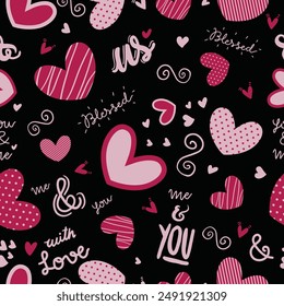 Simple hearts seamless vector pattern. Cute background. Flat design endless chaotic texture made of tiny heart silhouettes and text.