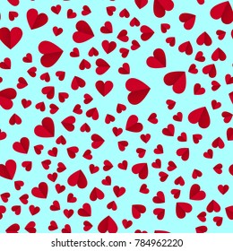 Simple hearts seamless vector pattern. Valentines day background. Flat design endless chaotic texture made of tiny heart silhouettes. Shades of red. eps10