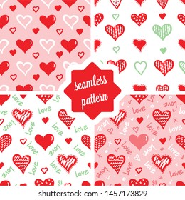 Simple hearts seamless vector patterns set. Valentines day background. Flat design endless chaotic texture made of tiny heart silhouettes.
