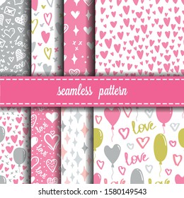 Simple hearts seamless vector patterns set. Valentines day background. Flat design endless chaotic texture made of heart silhouettes and balloons.