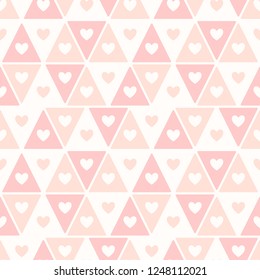 Simple hearts and triangles mesh, grid regular texture. Flat design horizontal border, frame template. Rose, raspberry pink Valentines day seamless repeat background. Geometric abstract vector pattern