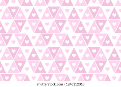 Simple hearts and triangles regular texture. Geometric abstract vector pattern. Flat design horizontal border, frame template. Rose, lilac, pink Valentines day seamless repeat rectangle background.