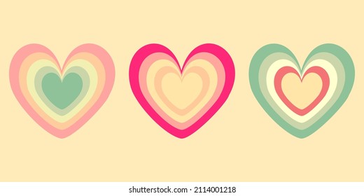 Simple hearts vector set on the pastel yellow background. Pink, grey, green, yellow, blue hearts wallpaper. Romantic Valentines day pattern. Retro style. Vintage. Love pastel romantic design.