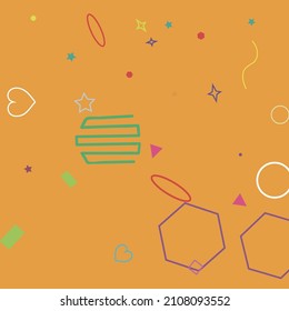 Simple Hearts Yellow Square Orange Wave Colorful Geometrical Design. Circle Polygonal Rectangle Blue Oval Purple Bright Simple Hipster Art. Pink Green Stars Red Ring Violet Zigzag Background.