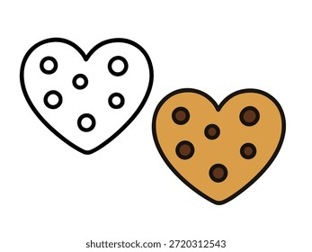 Ilustración sencilla de galletas en forma de corazón con una versión de color y una versión de contorno, estilo lindo y mínimo adecuado para iconos, pegatinas, gráficos de alimentos, contenido para niños y páginas para colorear.