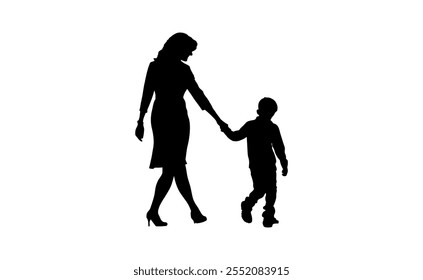 Uma silhueta simples e emocionante de uma mãe e criança andando de mãos dadas, simbolizando amor, cuidado e conexão.