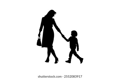 A simple and heartwarming silhouette of a mother and child walking hand in hand, symbolizing love, care, and connection.