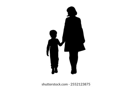 A simple and heartwarming silhouette of a mother and child walking hand in hand, symbolizing love, care, and connection.