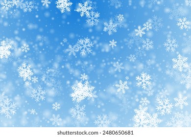 Simple heavy snowflakes design. Wintertime speck freeze shapes. Snowfall weather white blue illustration. Scattered snowflakes december theme. Snow hurricane landscape.