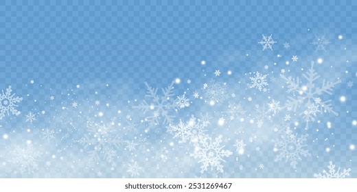 Simple heavy snowflakes design. Wintertime speck freeze shapes. Snowfall weather white blue illustration. Scattered snowflakes december theme. Snow hurricane landscape.	