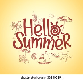 Simple Hello Summer Poster Design with Hand Drawing Vector Elements and Decoration of Summer Items in Yellow Background. Vector Illustration
