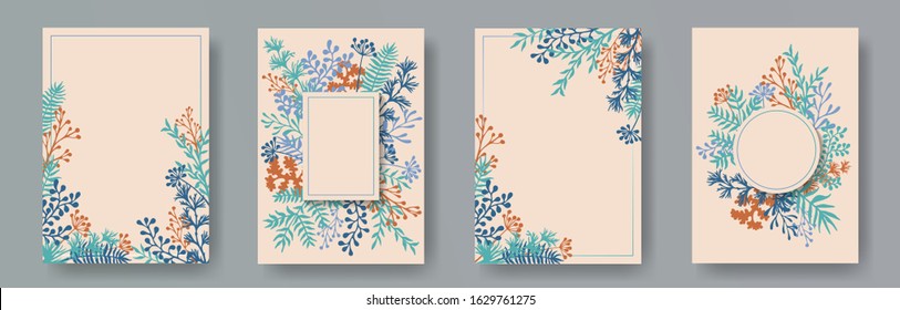 Simple herb twigs, tree branches, flowers floral invitation cards templates. Plants borders elegant invitation cards with dandelion flowers, fern, lichen, eucalyptus leaves, savory twigs.